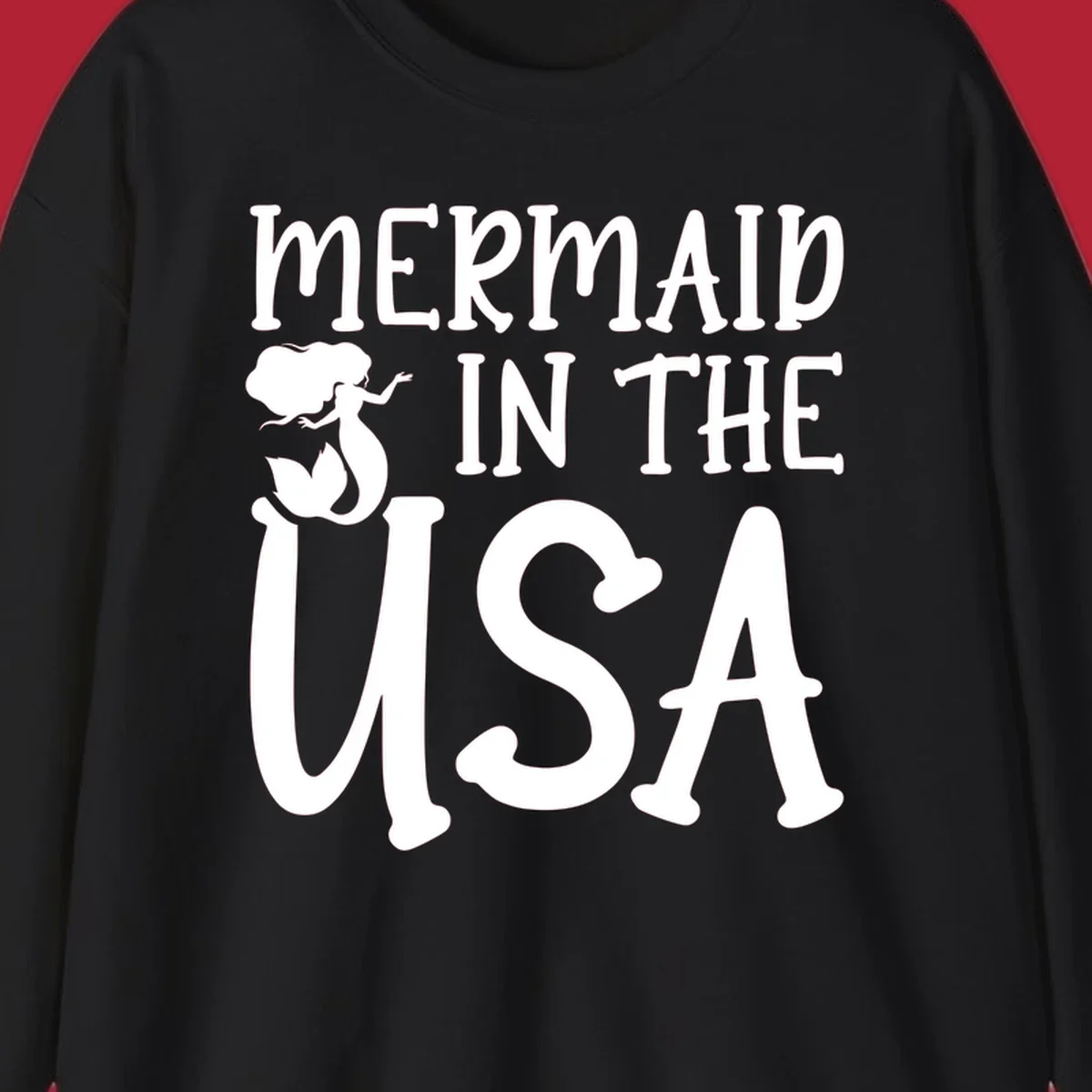 A white graphic features a mermaid illustration and the text 'MERMAID IN THE USA' for a patriotic mermaid design.