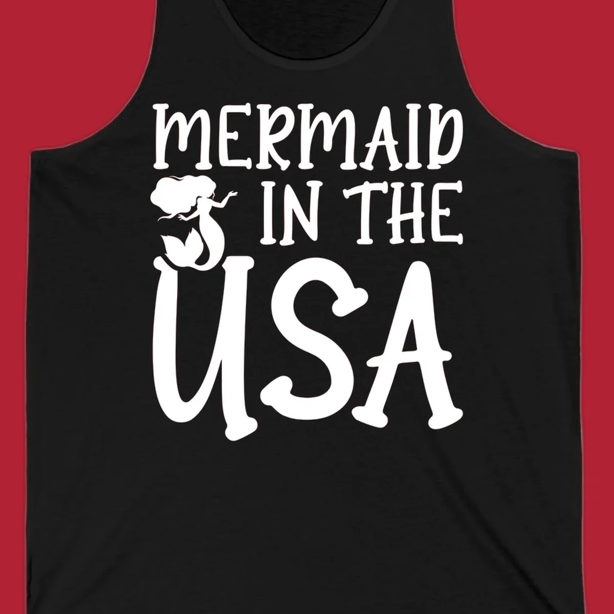 A white graphic features a mermaid illustration and the text 'MERMAID IN THE USA' for a patriotic mermaid design.