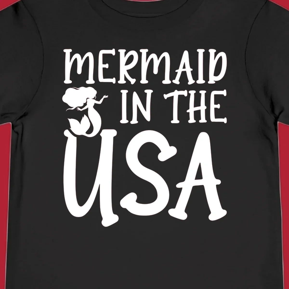A white graphic features a mermaid illustration and the text 'MERMAID IN THE USA' for a patriotic mermaid design.