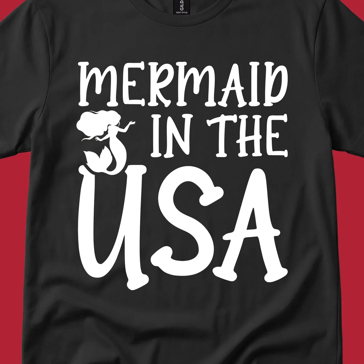 A white graphic features a mermaid illustration and the text 'MERMAID IN THE USA' for a patriotic mermaid design.
