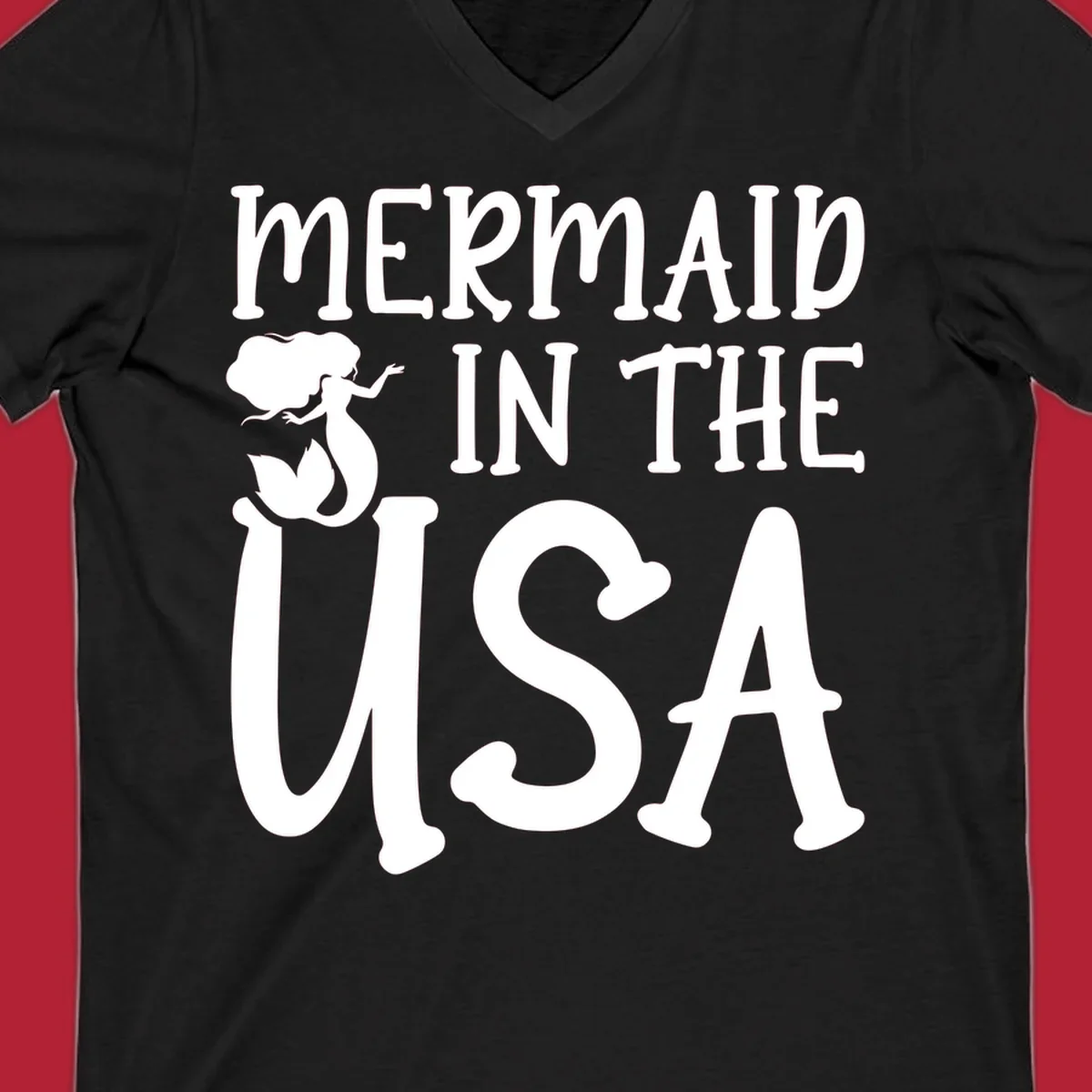 A white graphic features a mermaid illustration and the text 'MERMAID IN THE USA' for a patriotic mermaid design.
