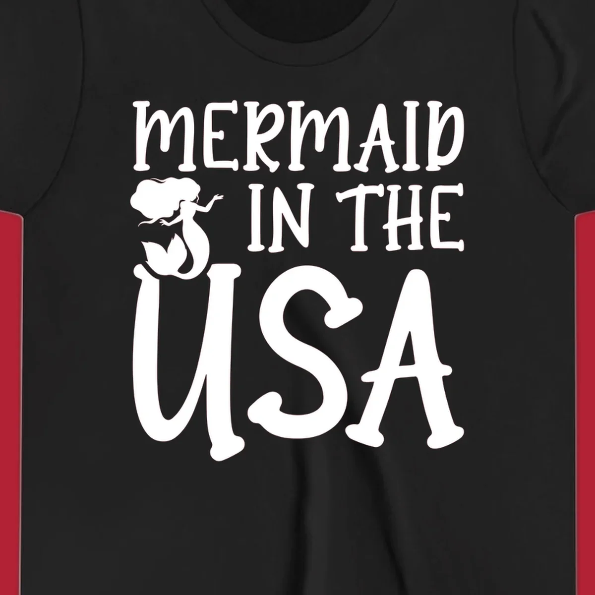 A white graphic features a mermaid illustration and the text 'MERMAID IN THE USA' for a patriotic mermaid design.