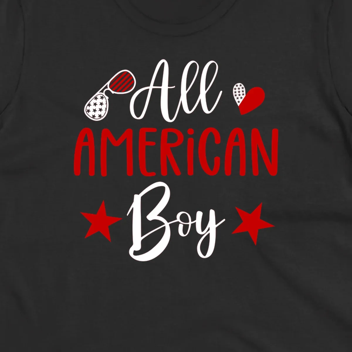 An 'All American Boy' design with patriotic sunglasses, a heart, and stars in red, white, and black.