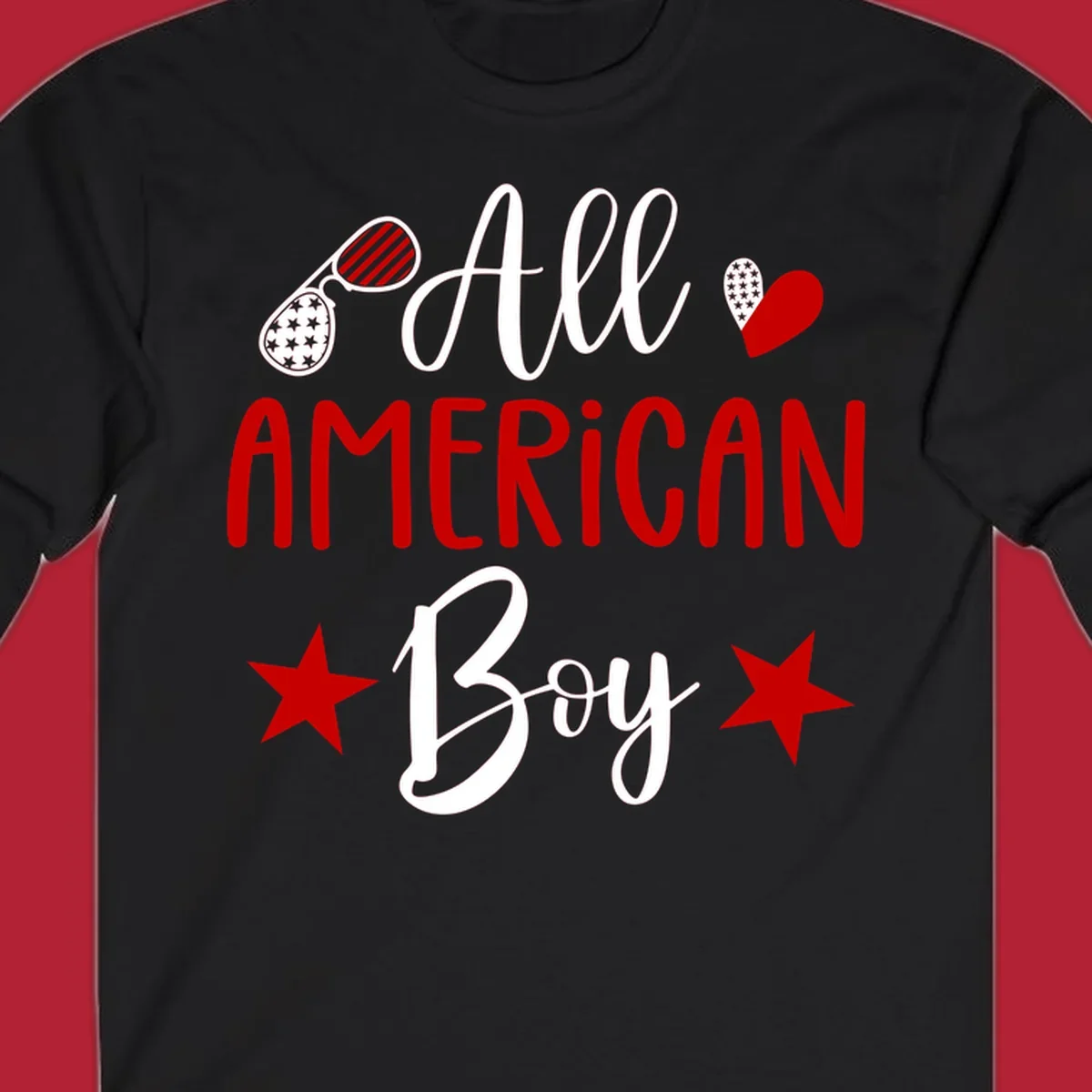 An 'All American Boy' design with patriotic sunglasses, a heart, and stars in red, white, and black.