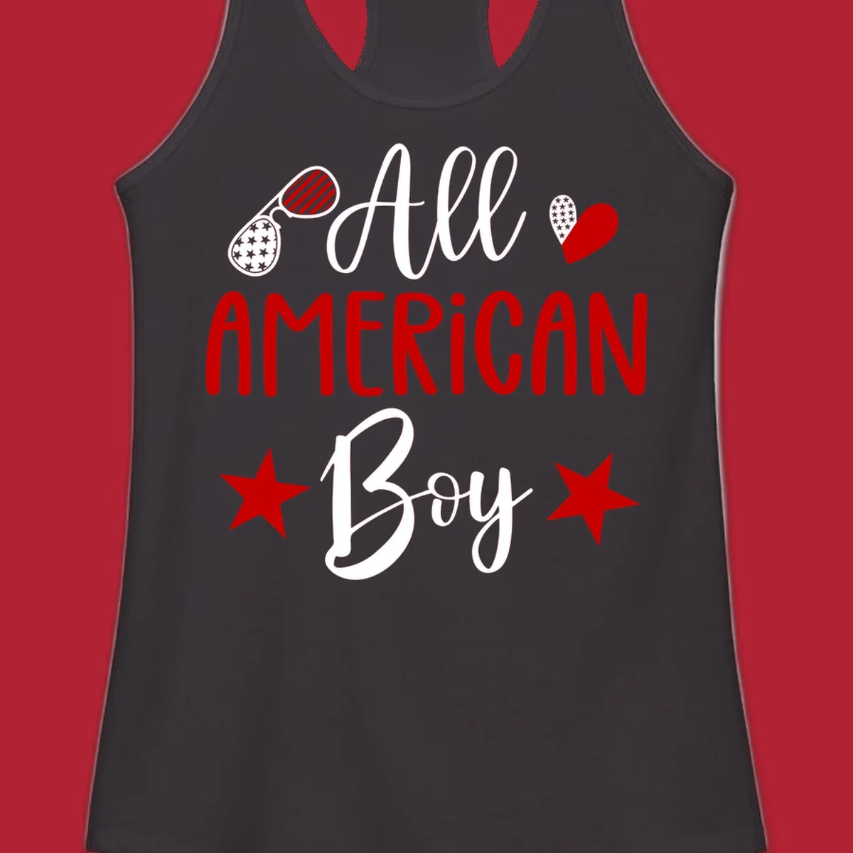 An 'All American Boy' design with patriotic sunglasses, a heart, and stars in red, white, and black.