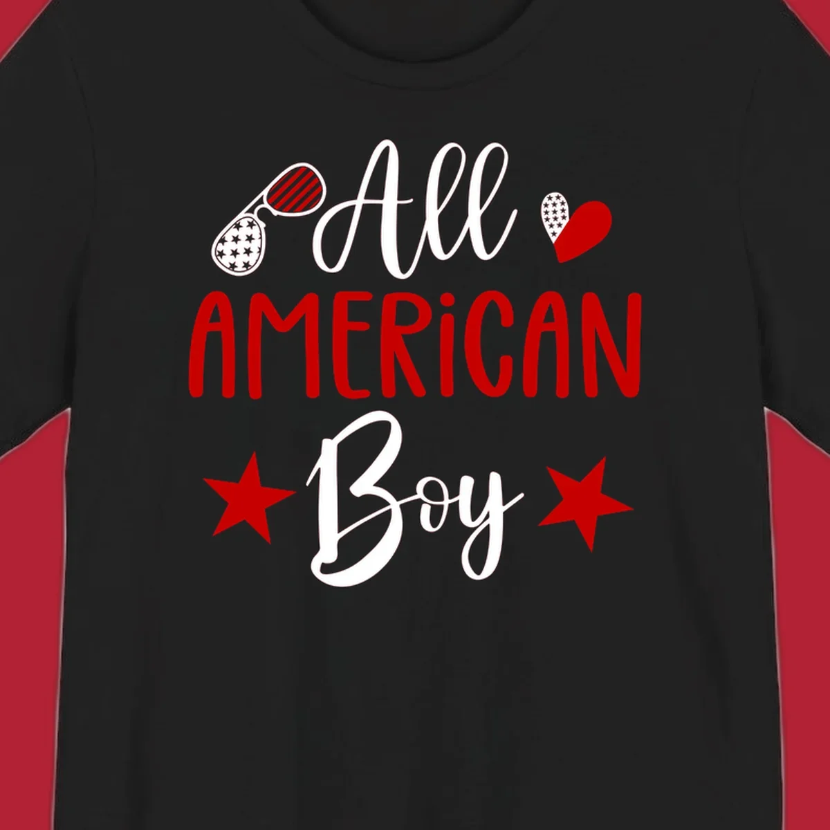 An 'All American Boy' design with patriotic sunglasses, a heart, and stars in red, white, and black.