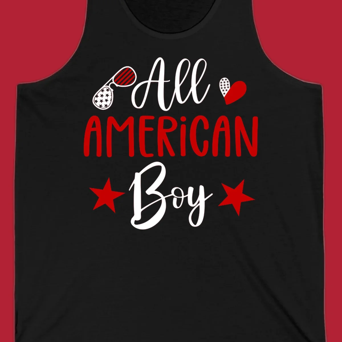 An 'All American Boy' design with patriotic sunglasses, a heart, and stars in red, white, and black.
