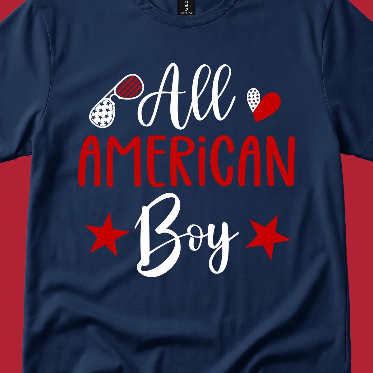 An 'All American Boy' design with patriotic sunglasses, a heart, and stars in red, white, and black.