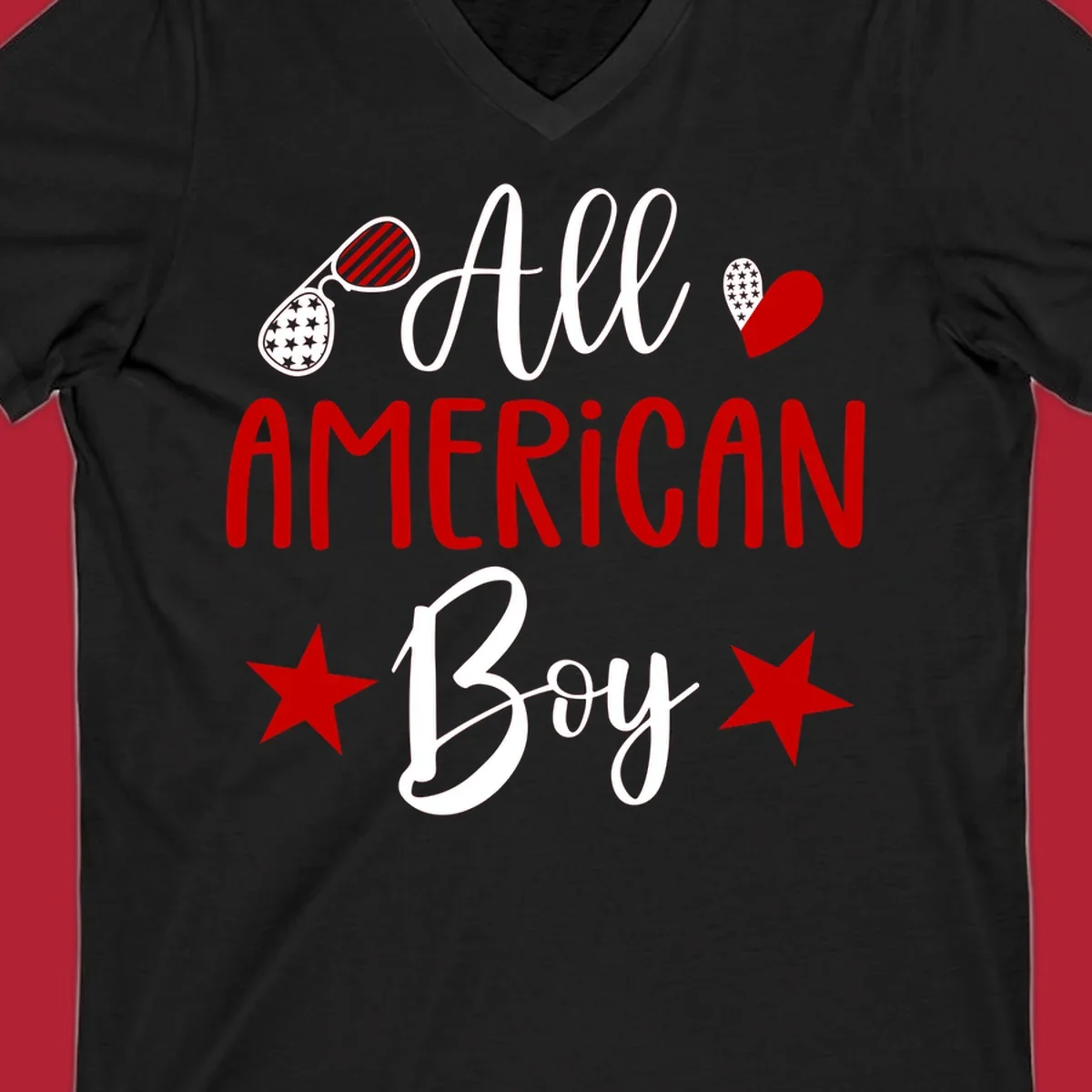 An 'All American Boy' design with patriotic sunglasses, a heart, and stars in red, white, and black.
