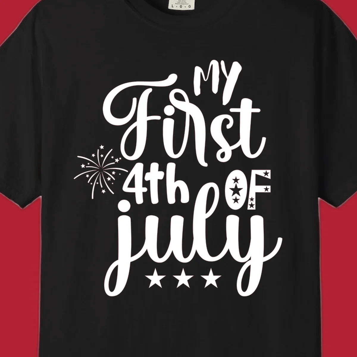 A design featuring the text 'MY First 4th OF July' in a mix of script and bold fonts, with fireworks and stars, ideal for my-first-fourth-of-july.