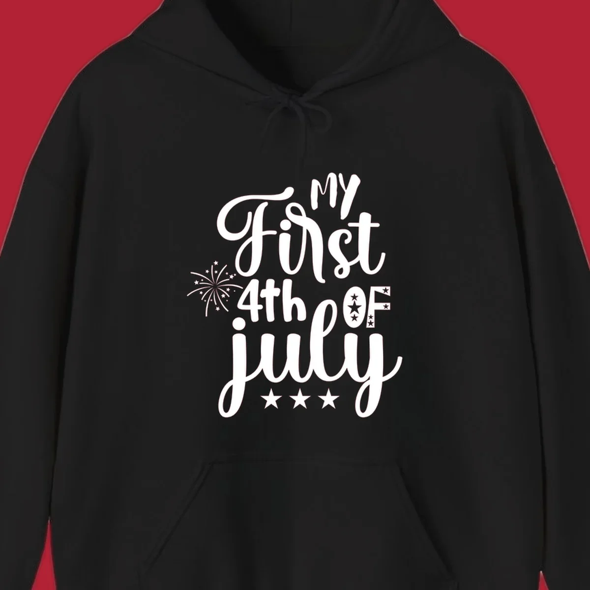 A design featuring the text 'MY First 4th OF July' in a mix of script and bold fonts, with fireworks and stars, ideal for my-first-fourth-of-july.