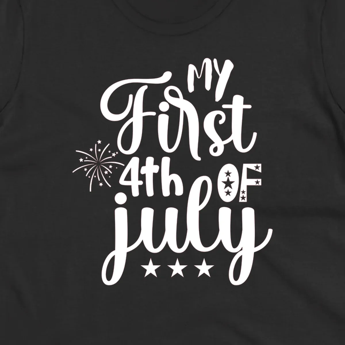 A design featuring the text 'MY First 4th OF July' in a mix of script and bold fonts, with fireworks and stars, ideal for my-first-fourth-of-july.