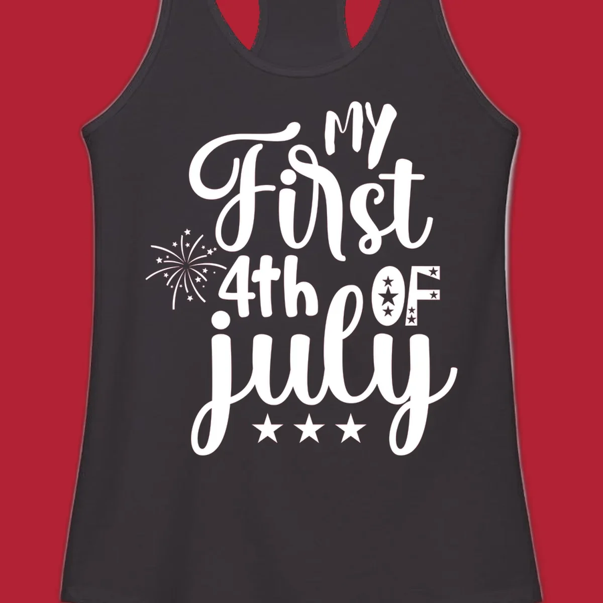 A design featuring the text 'MY First 4th OF July' in a mix of script and bold fonts, with fireworks and stars, ideal for my-first-fourth-of-july.