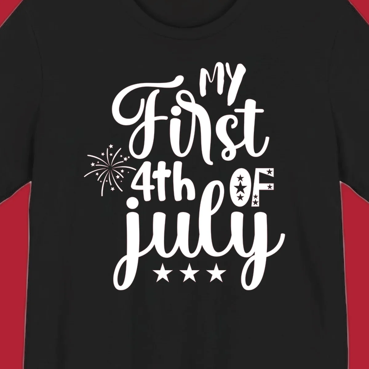 A design featuring the text 'MY First 4th OF July' in a mix of script and bold fonts, with fireworks and stars, ideal for my-first-fourth-of-july.