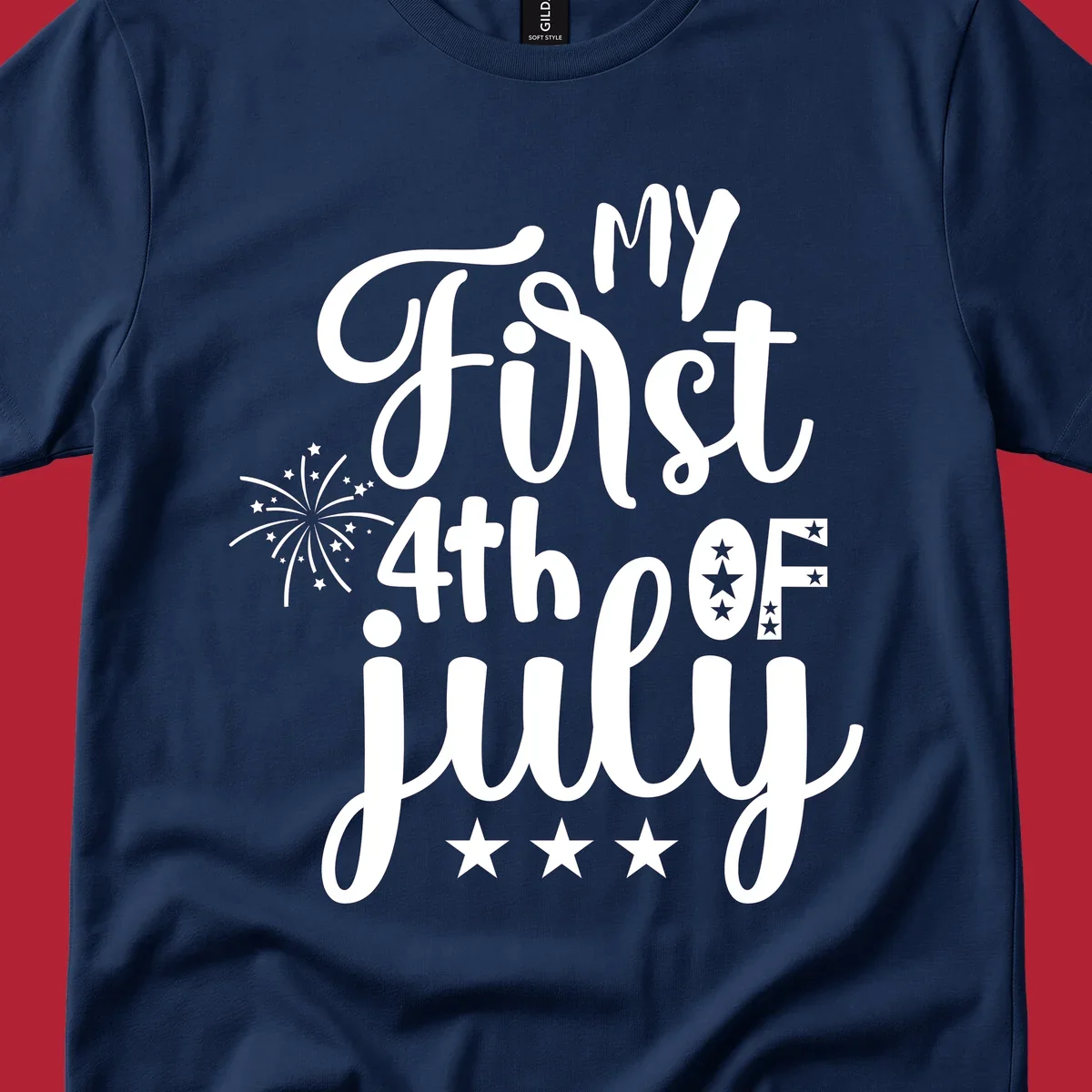 A design featuring the text 'MY First 4th OF July' in a mix of script and bold fonts, with fireworks and stars, ideal for my-first-fourth-of-july.
