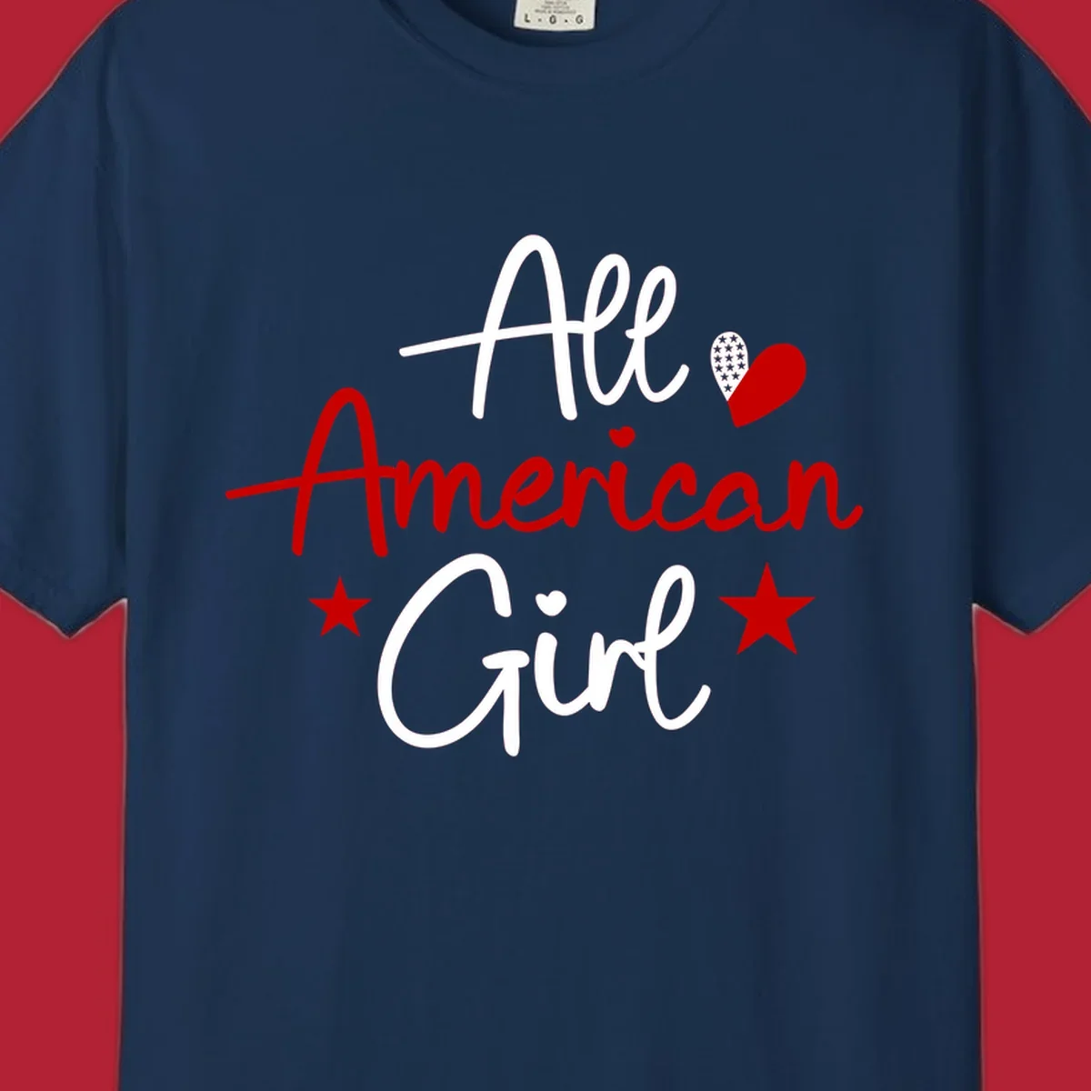 All American Girl heart stars design featuring the phrase in script font with a heart containing stars and two additional stars.
