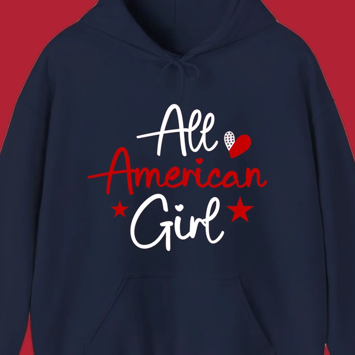 All American Girl heart stars design featuring the phrase in script font with a heart containing stars and two additional stars.