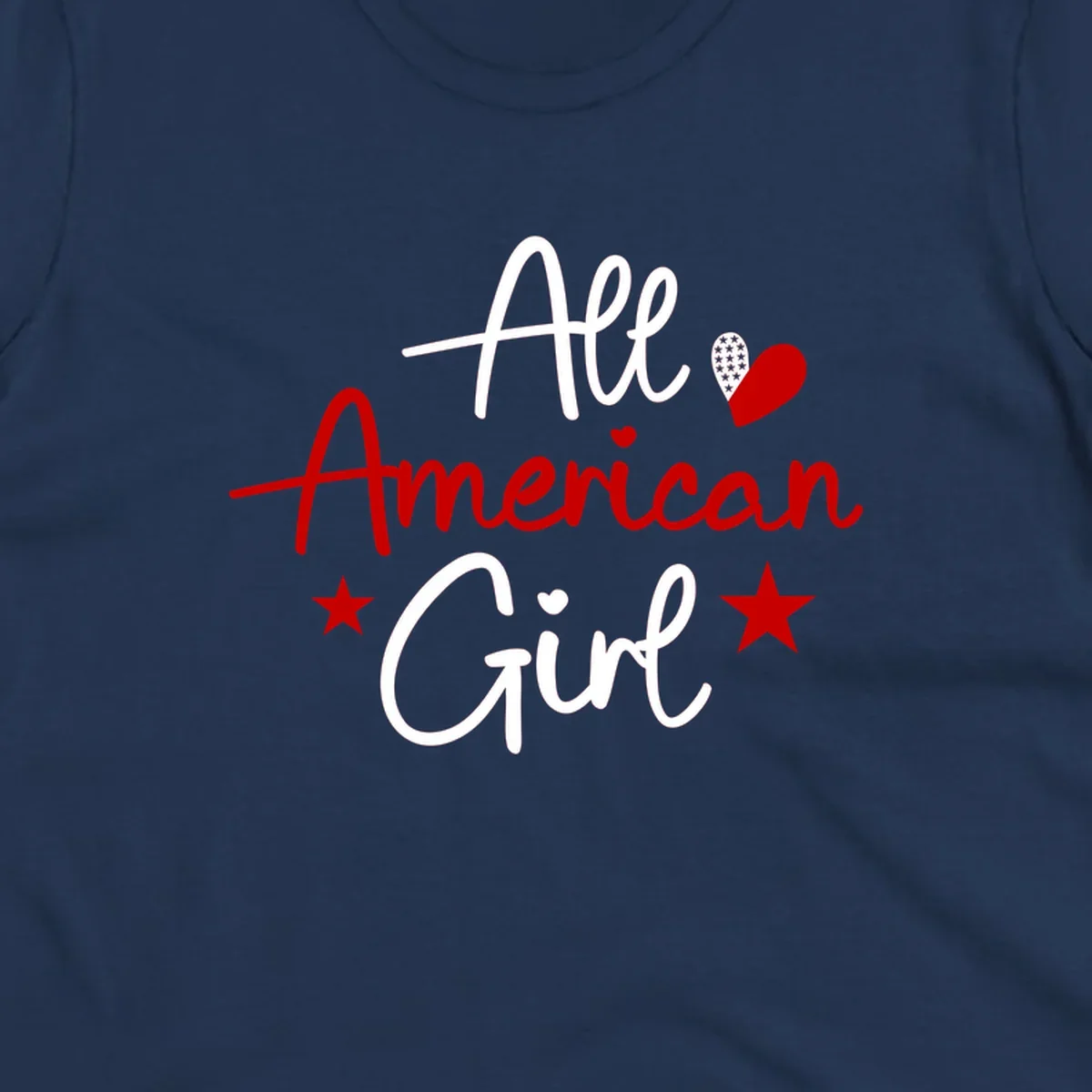 All American Girl heart stars design featuring the phrase in script font with a heart containing stars and two additional stars.