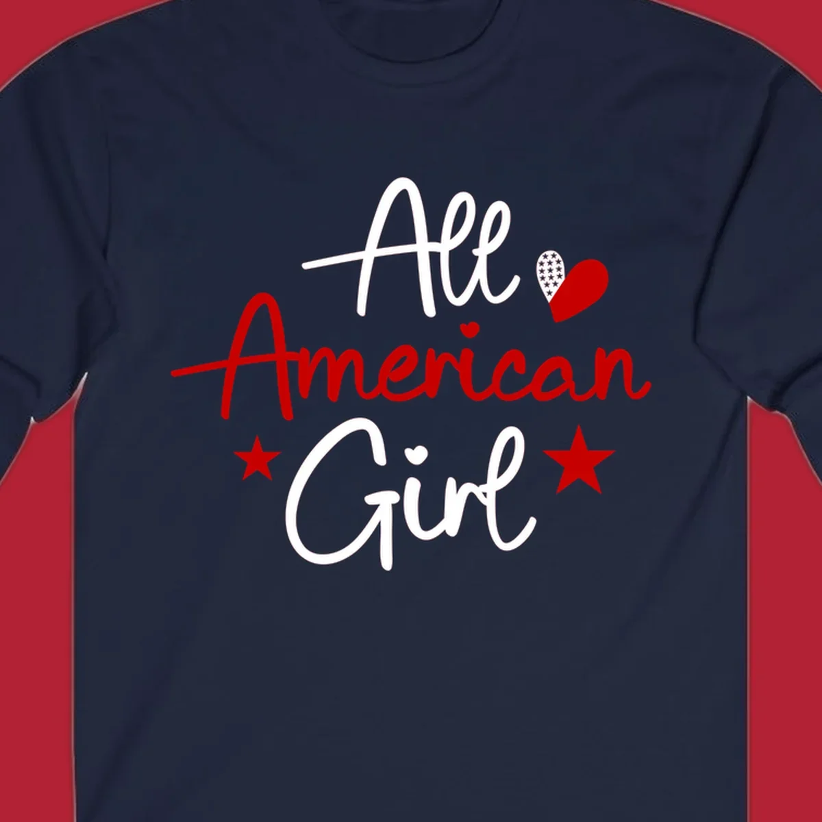 All American Girl heart stars design featuring the phrase in script font with a heart containing stars and two additional stars.
