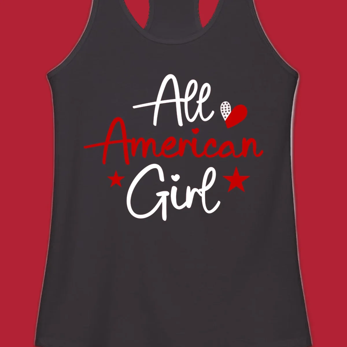 All American Girl heart stars design featuring the phrase in script font with a heart containing stars and two additional stars.