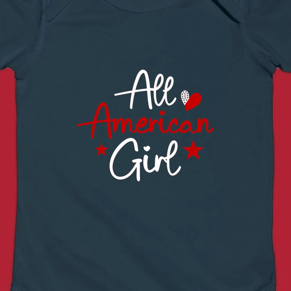 All American Girl heart stars design featuring the phrase in script font with a heart containing stars and two additional stars.