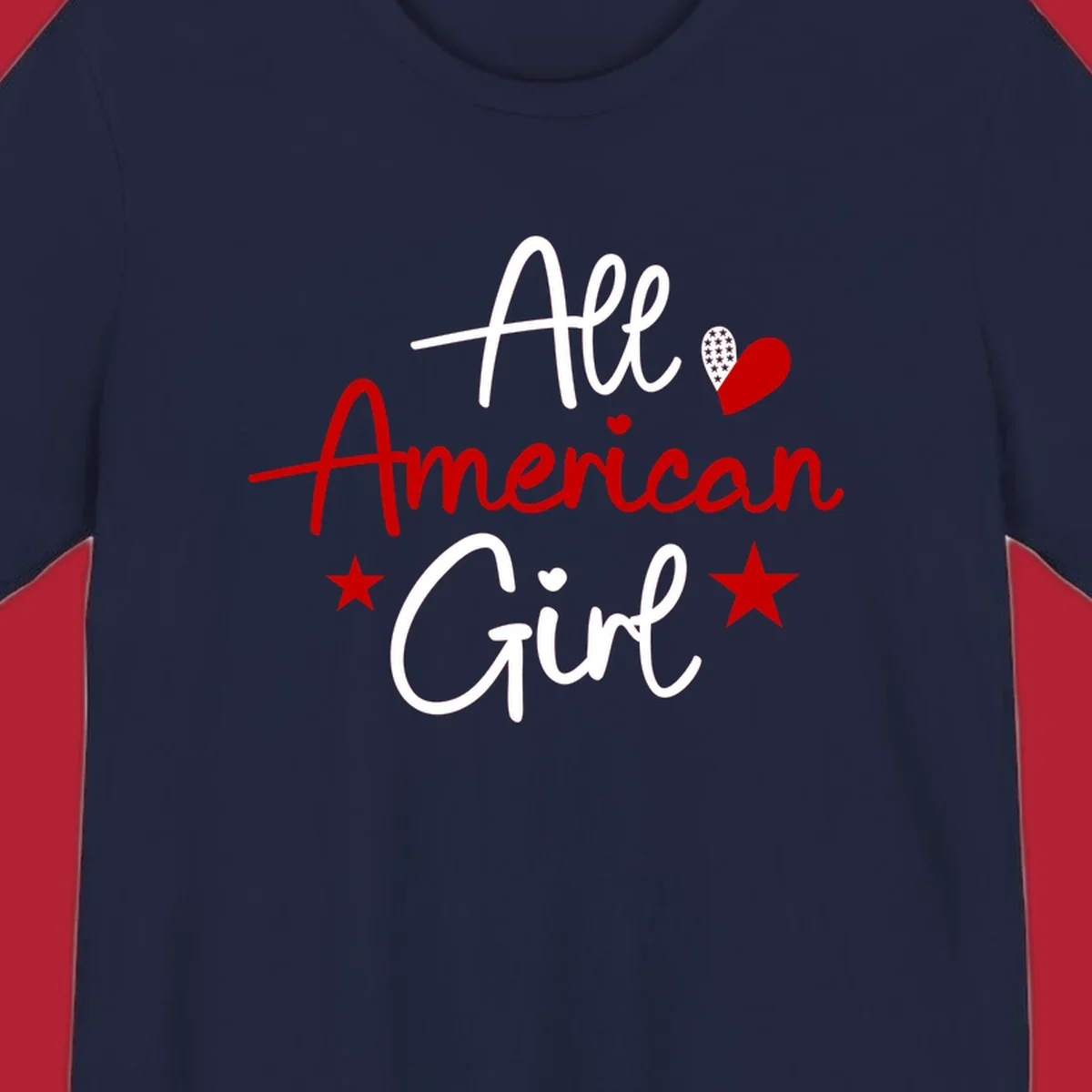 All American Girl heart stars design featuring the phrase in script font with a heart containing stars and two additional stars.