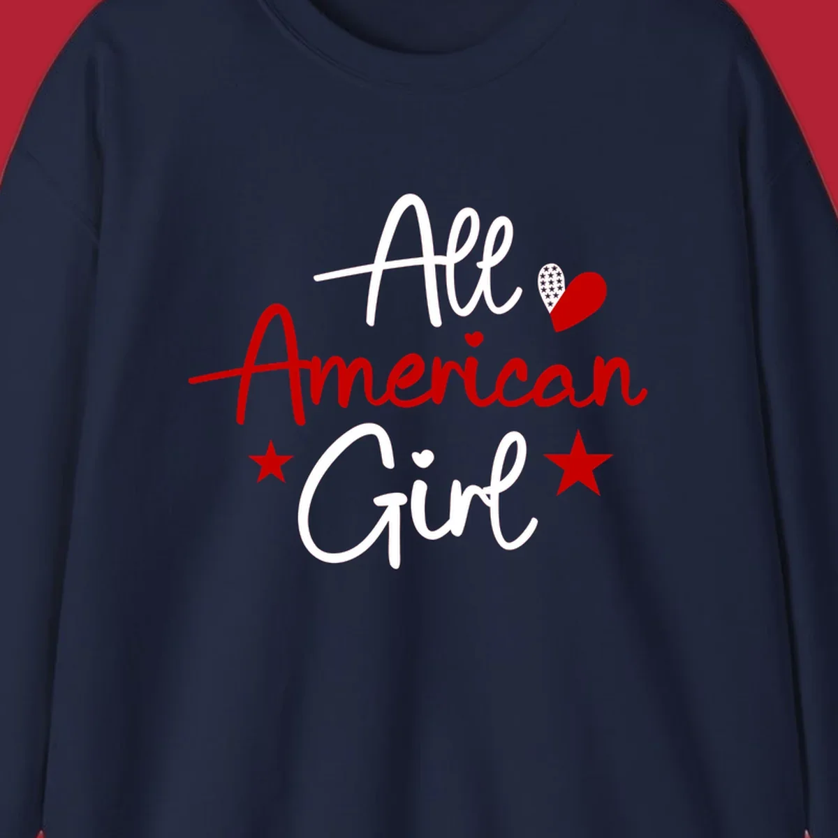 All American Girl heart stars design featuring the phrase in script font with a heart containing stars and two additional stars.