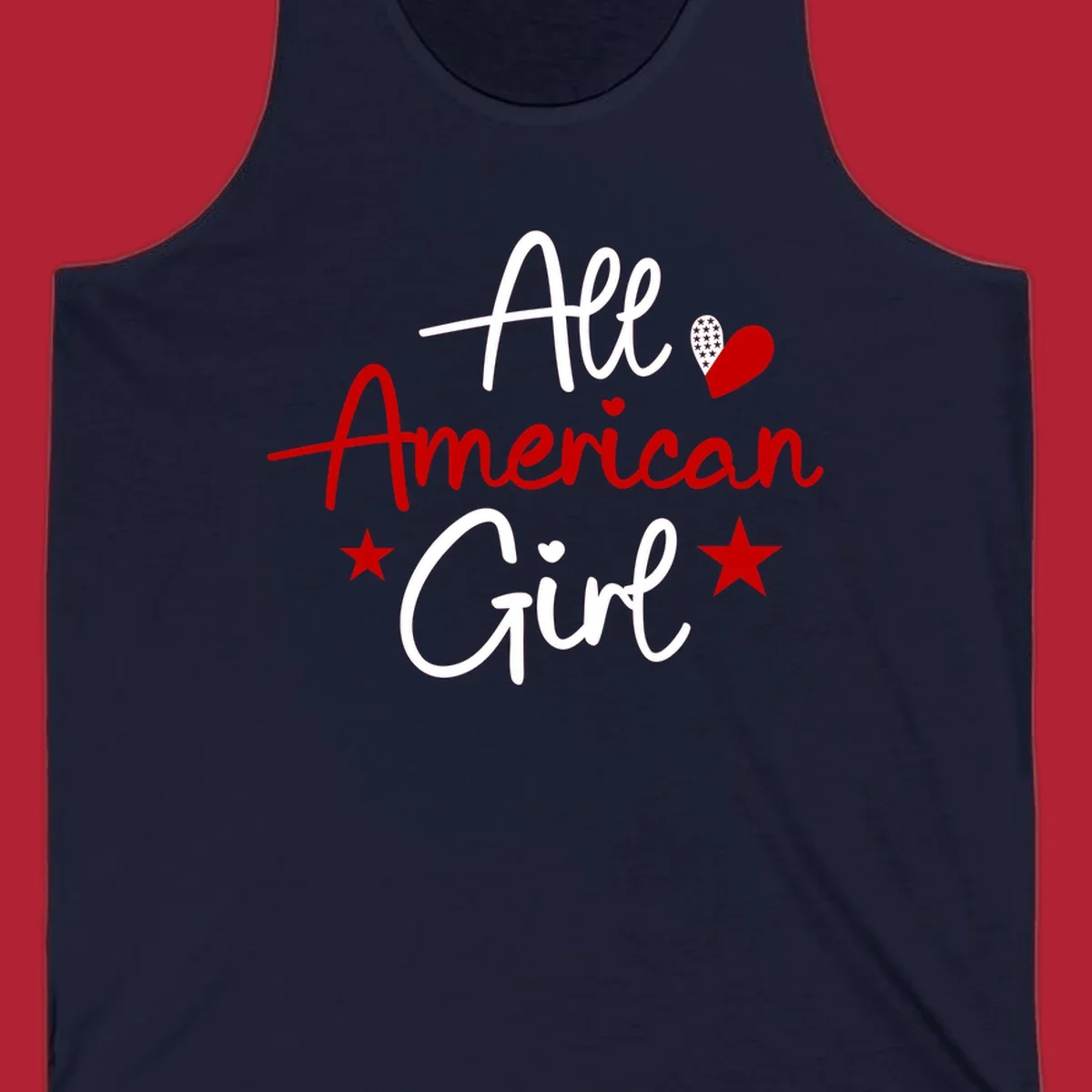 All American Girl heart stars design featuring the phrase in script font with a heart containing stars and two additional stars.