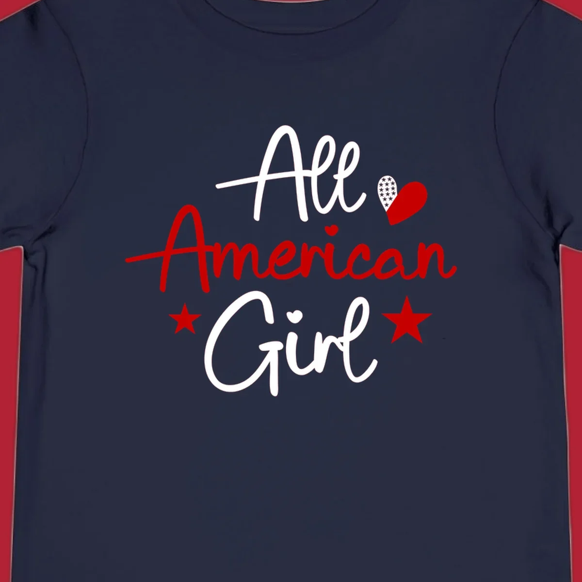 All American Girl heart stars design featuring the phrase in script font with a heart containing stars and two additional stars.