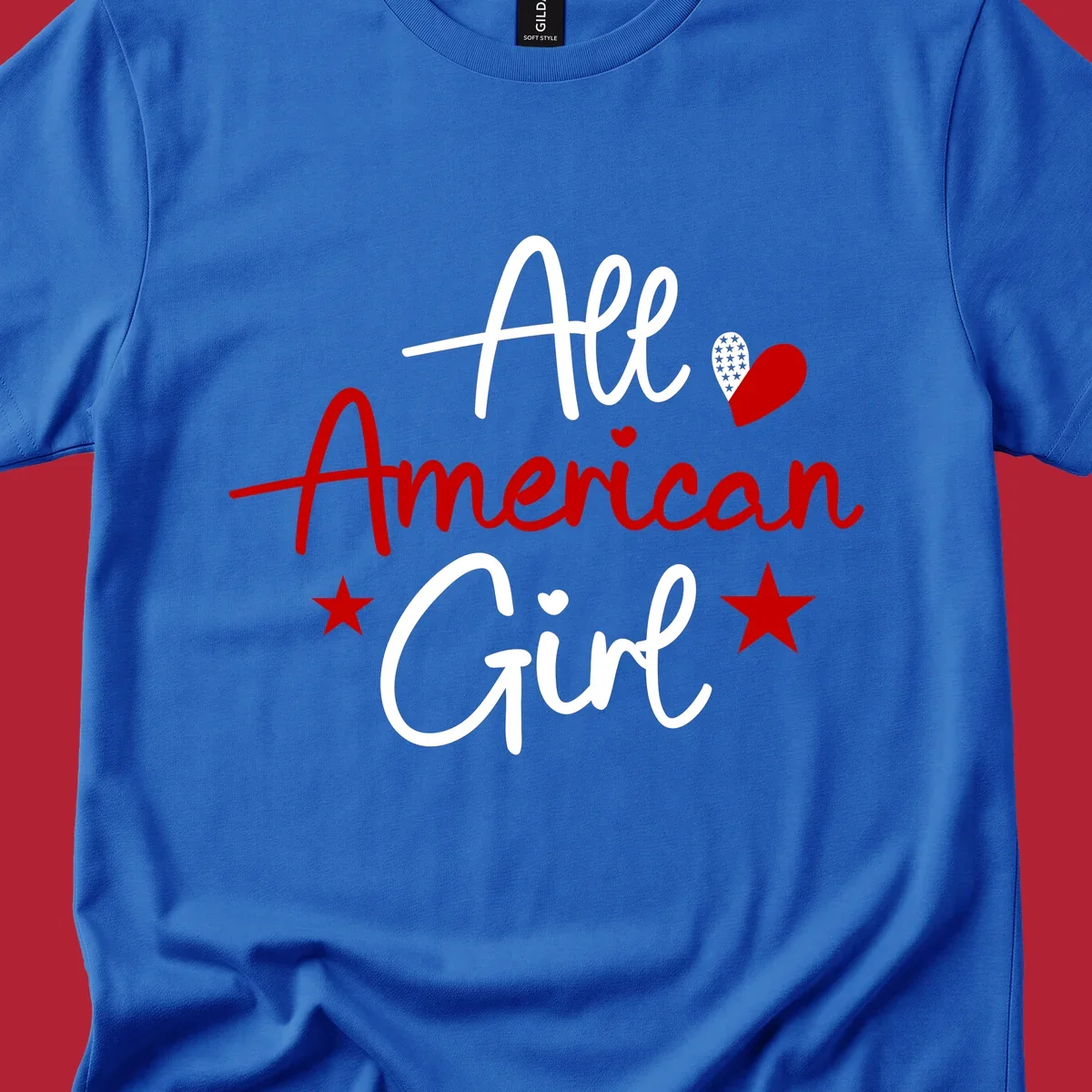 All American Girl heart stars design featuring the phrase in script font with a heart containing stars and two additional stars.