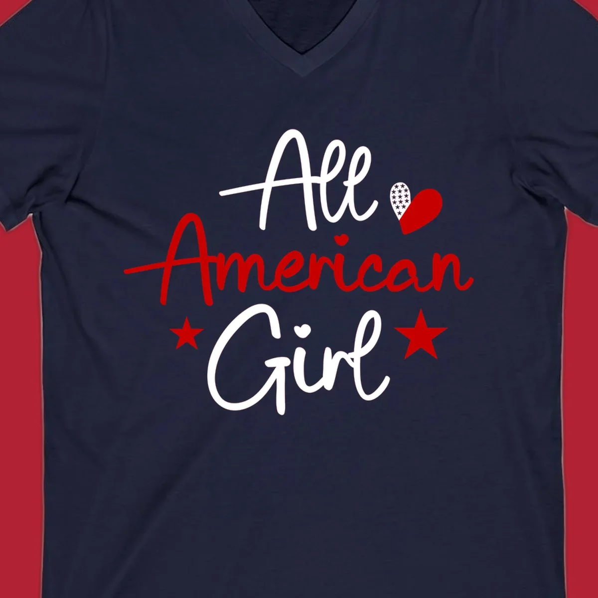 All American Girl heart stars design featuring the phrase in script font with a heart containing stars and two additional stars.