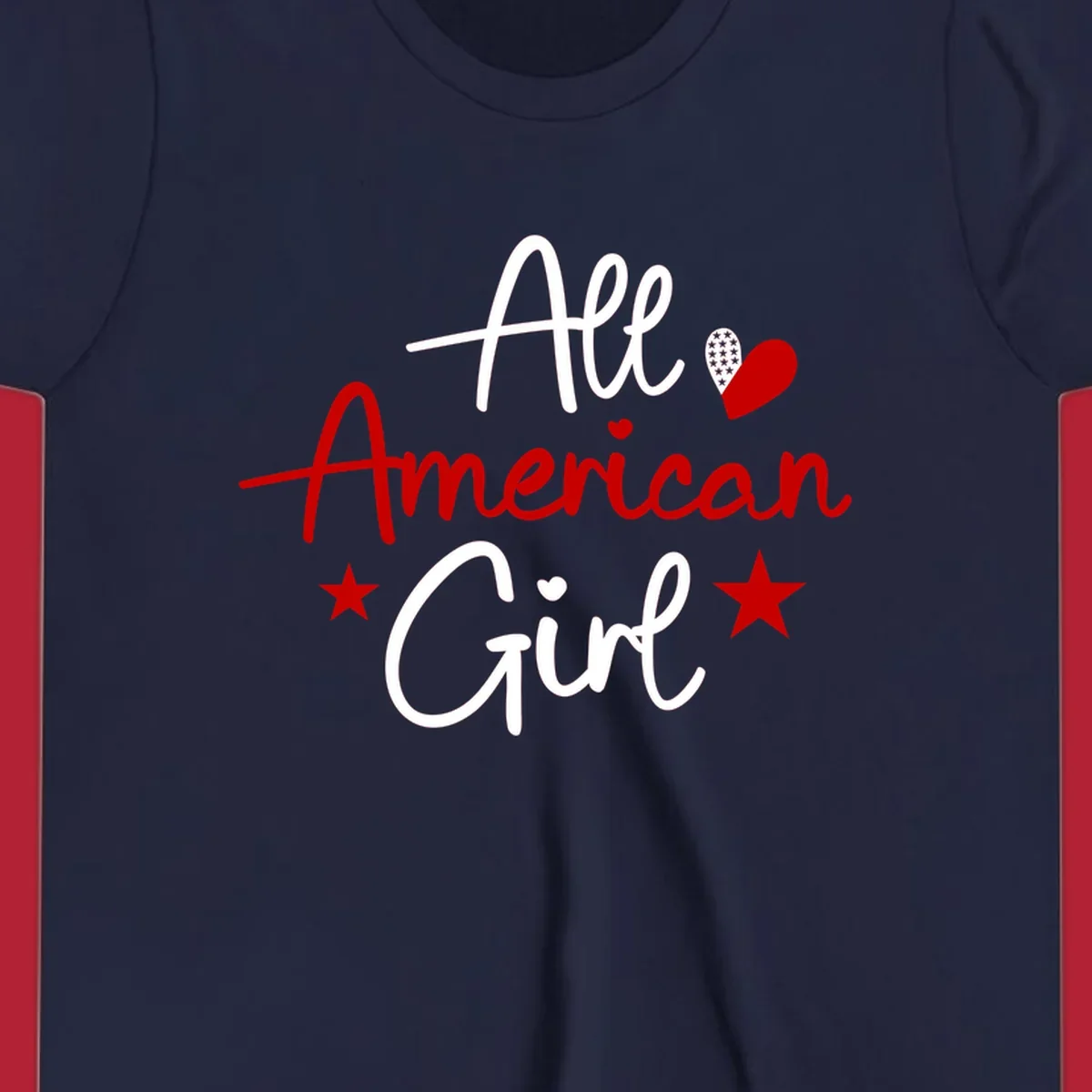All American Girl heart stars design featuring the phrase in script font with a heart containing stars and two additional stars.