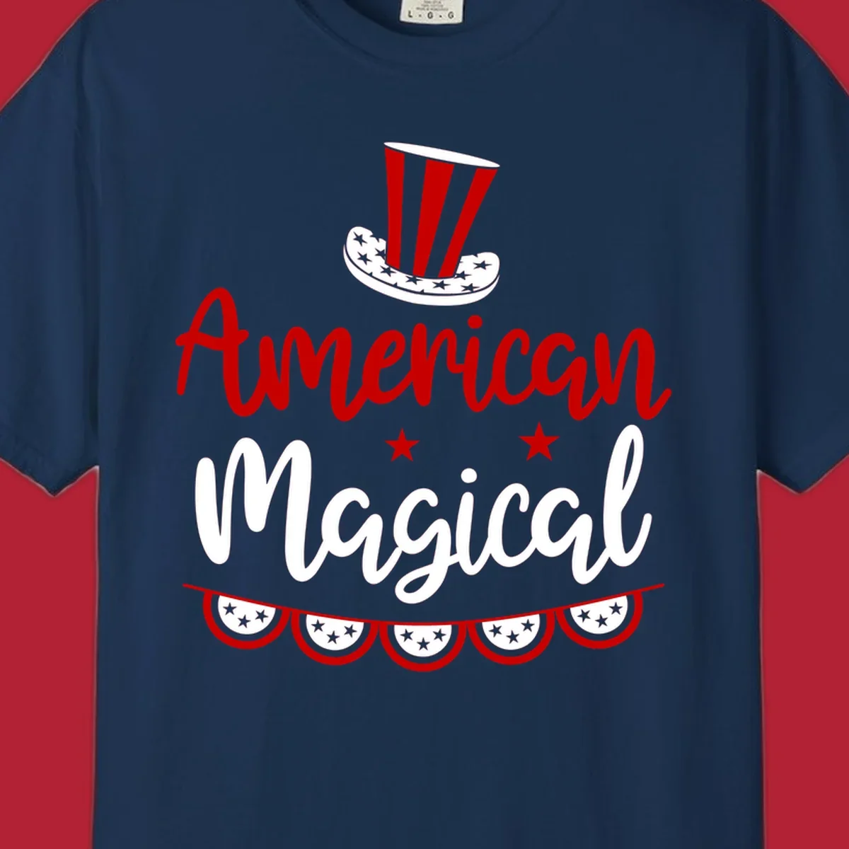 A patriotic design with 'American Magical' text, an Uncle Sam hat, stars, and bunting, representing american-magical-patriotic.