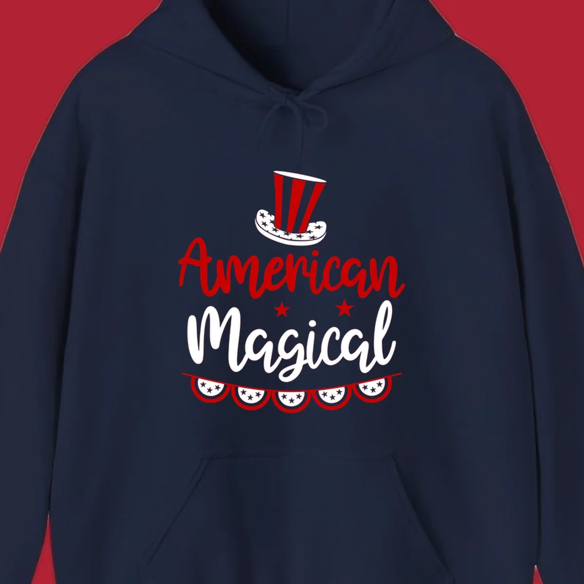 A patriotic design with 'American Magical' text, an Uncle Sam hat, stars, and bunting, representing american-magical-patriotic.