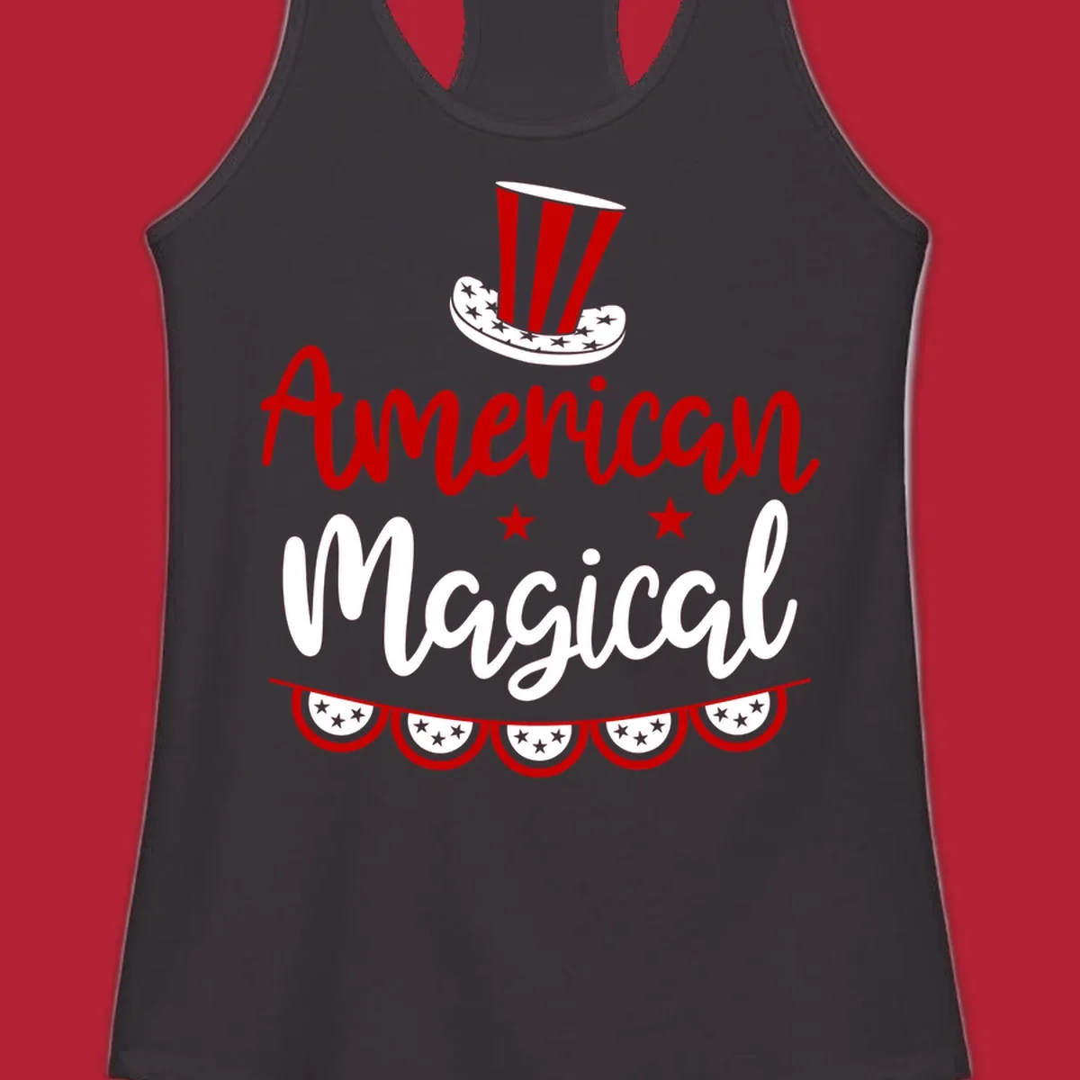 A patriotic design with 'American Magical' text, an Uncle Sam hat, stars, and bunting, representing american-magical-patriotic.