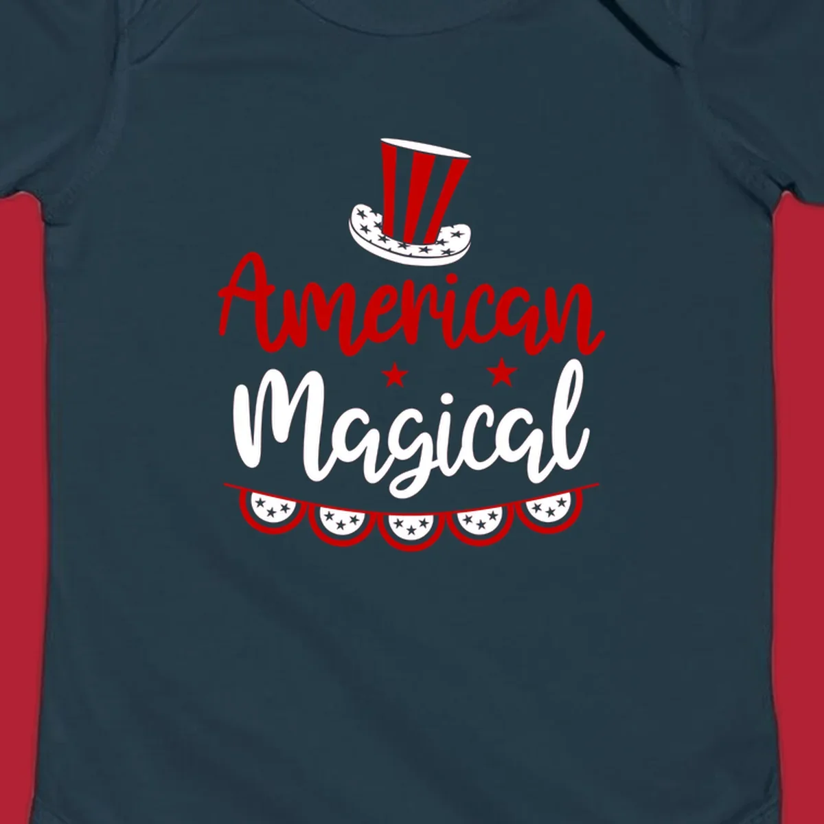 A patriotic design with 'American Magical' text, an Uncle Sam hat, stars, and bunting, representing american-magical-patriotic.