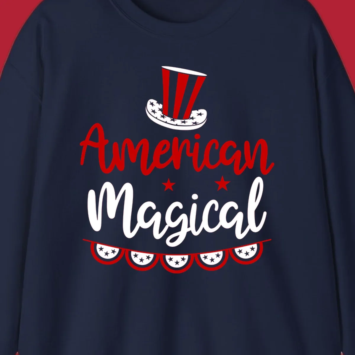 A patriotic design with 'American Magical' text, an Uncle Sam hat, stars, and bunting, representing american-magical-patriotic.