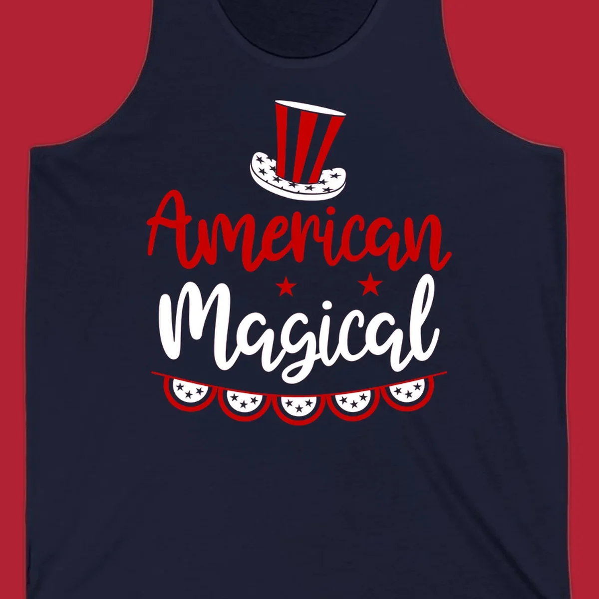 A patriotic design with 'American Magical' text, an Uncle Sam hat, stars, and bunting, representing american-magical-patriotic.