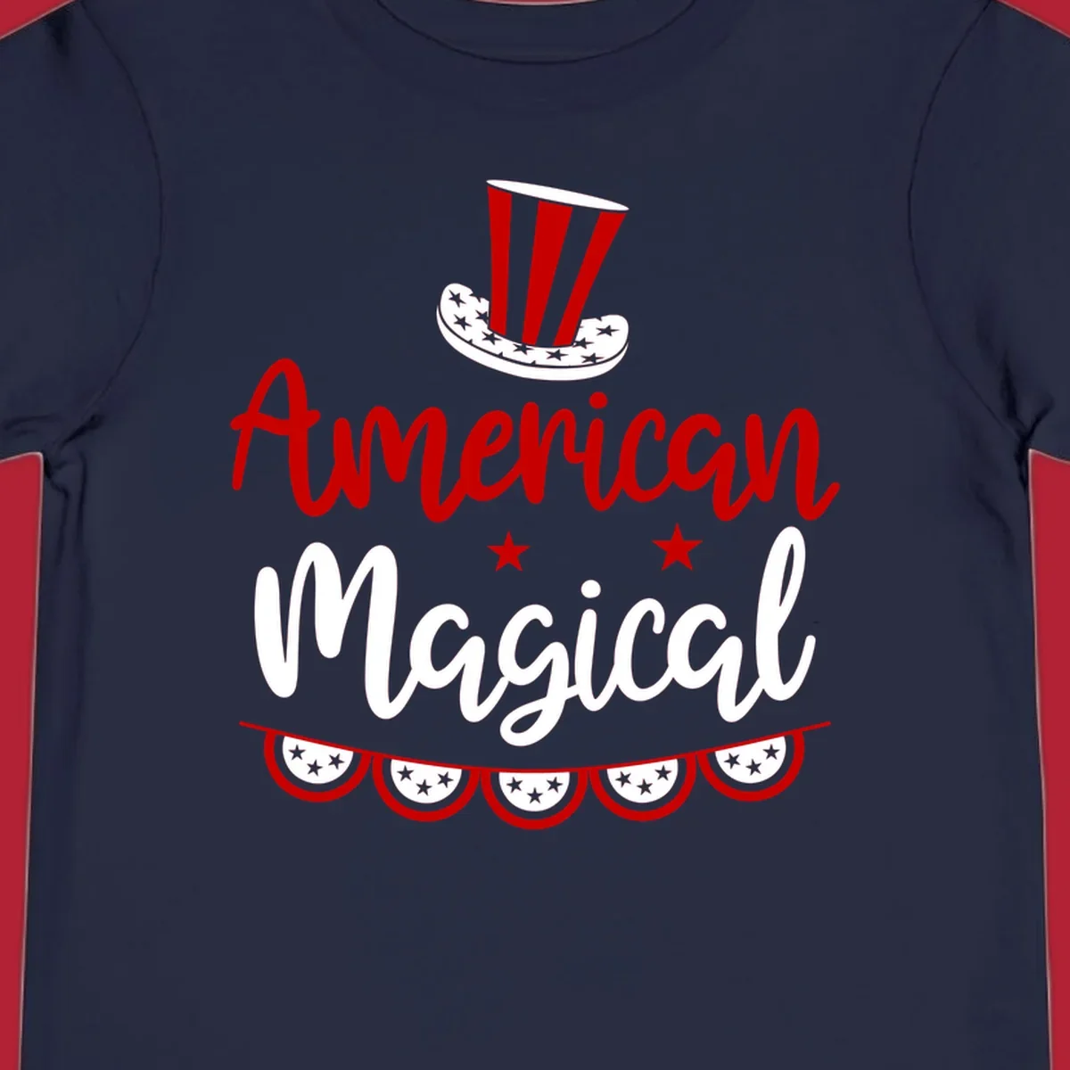 A patriotic design with 'American Magical' text, an Uncle Sam hat, stars, and bunting, representing american-magical-patriotic.