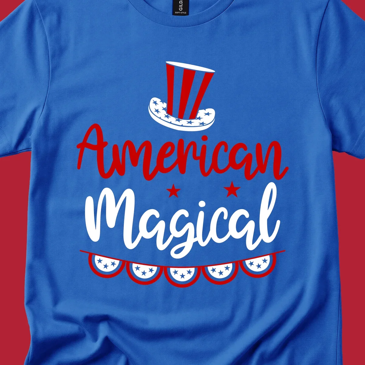A patriotic design with 'American Magical' text, an Uncle Sam hat, stars, and bunting, representing american-magical-patriotic.