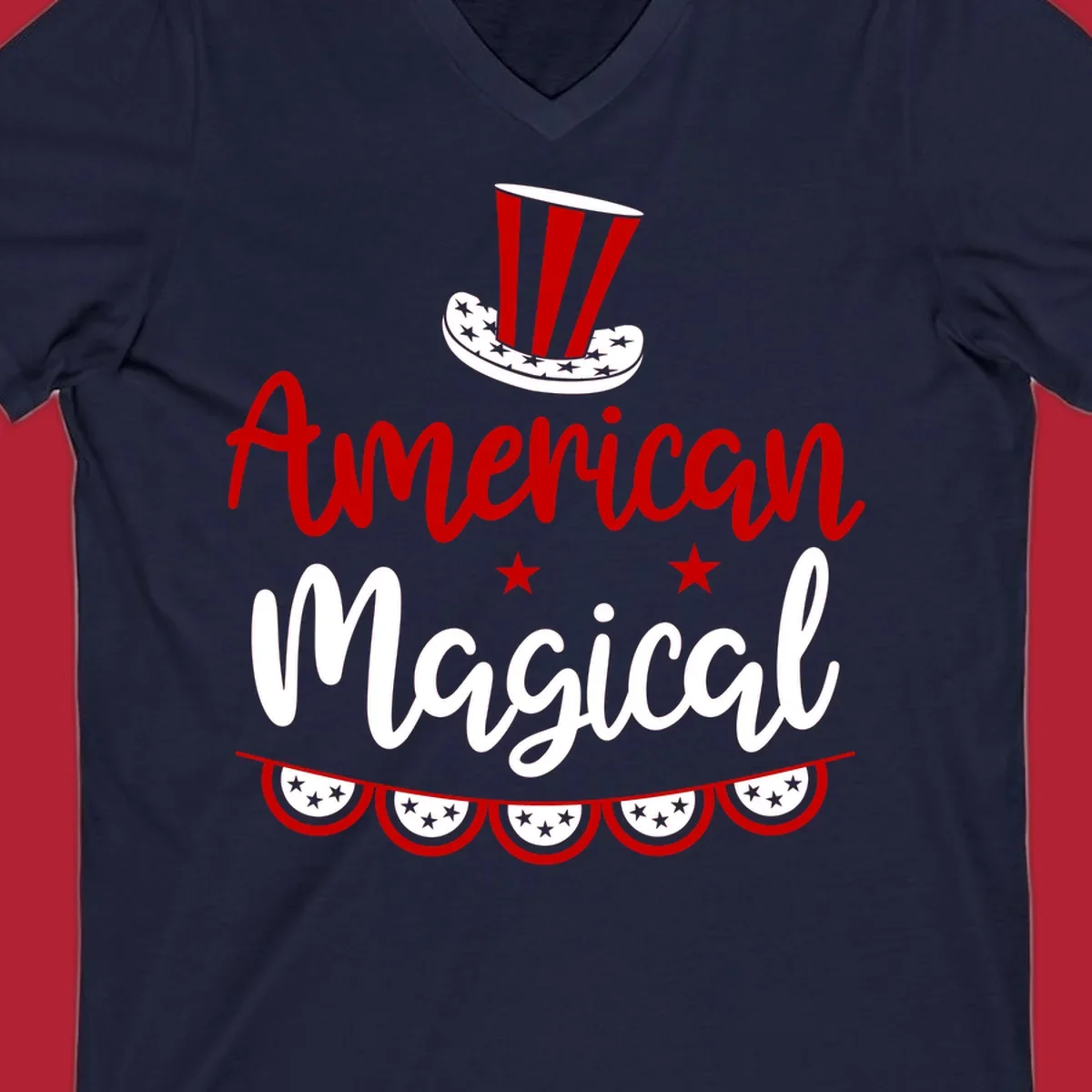 A patriotic design with 'American Magical' text, an Uncle Sam hat, stars, and bunting, representing american-magical-patriotic.