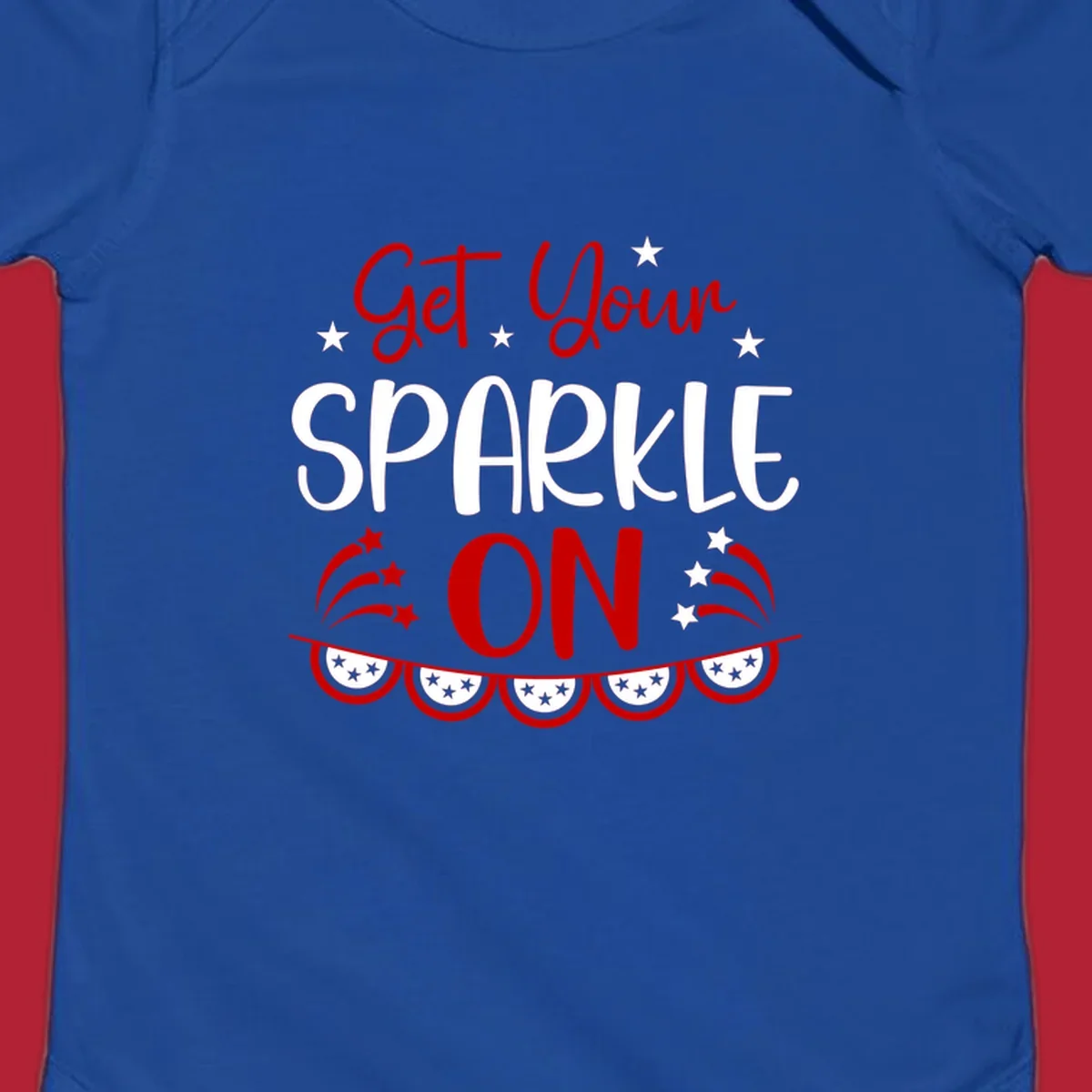 A patriotic design with the phrase 'Get Your SPARKLE ON' in red and blue, surrounded by white stars, fireworks, and bunting flags.
