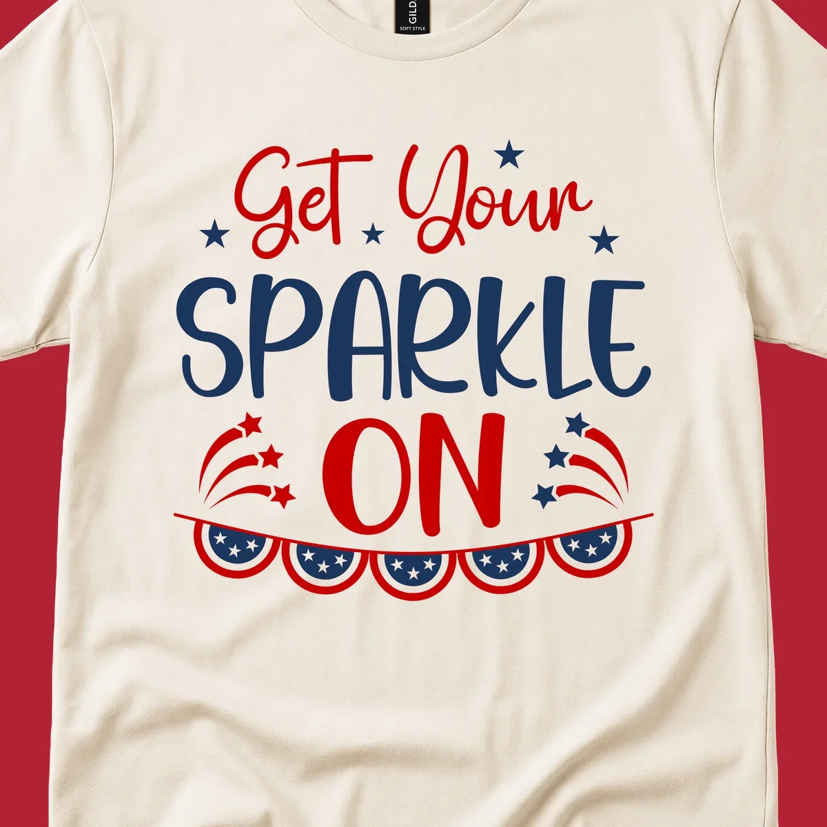 A patriotic design with the phrase 'Get Your SPARKLE ON' in red and blue, surrounded by white stars, fireworks, and bunting flags.