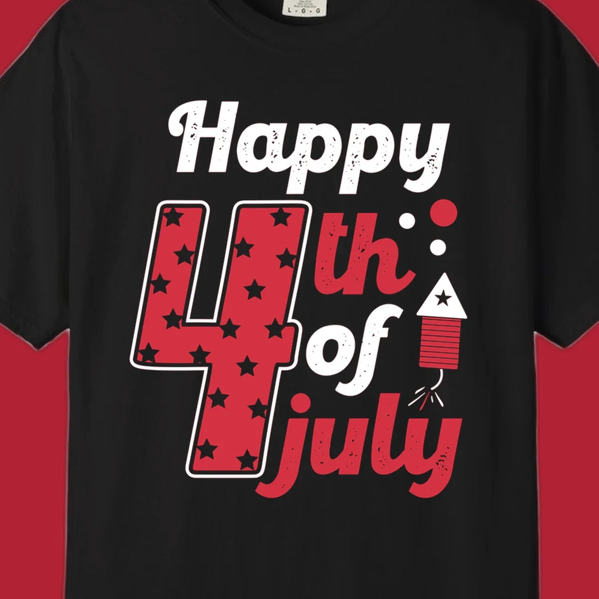 A Happy 4th of July firecracker design with the text 'Happy 4th Of July', a star-filled '4', and a firecracker graphic.