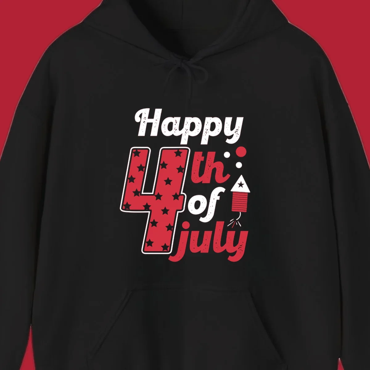 A Happy 4th of July firecracker design with the text 'Happy 4th Of July', a star-filled '4', and a firecracker graphic.