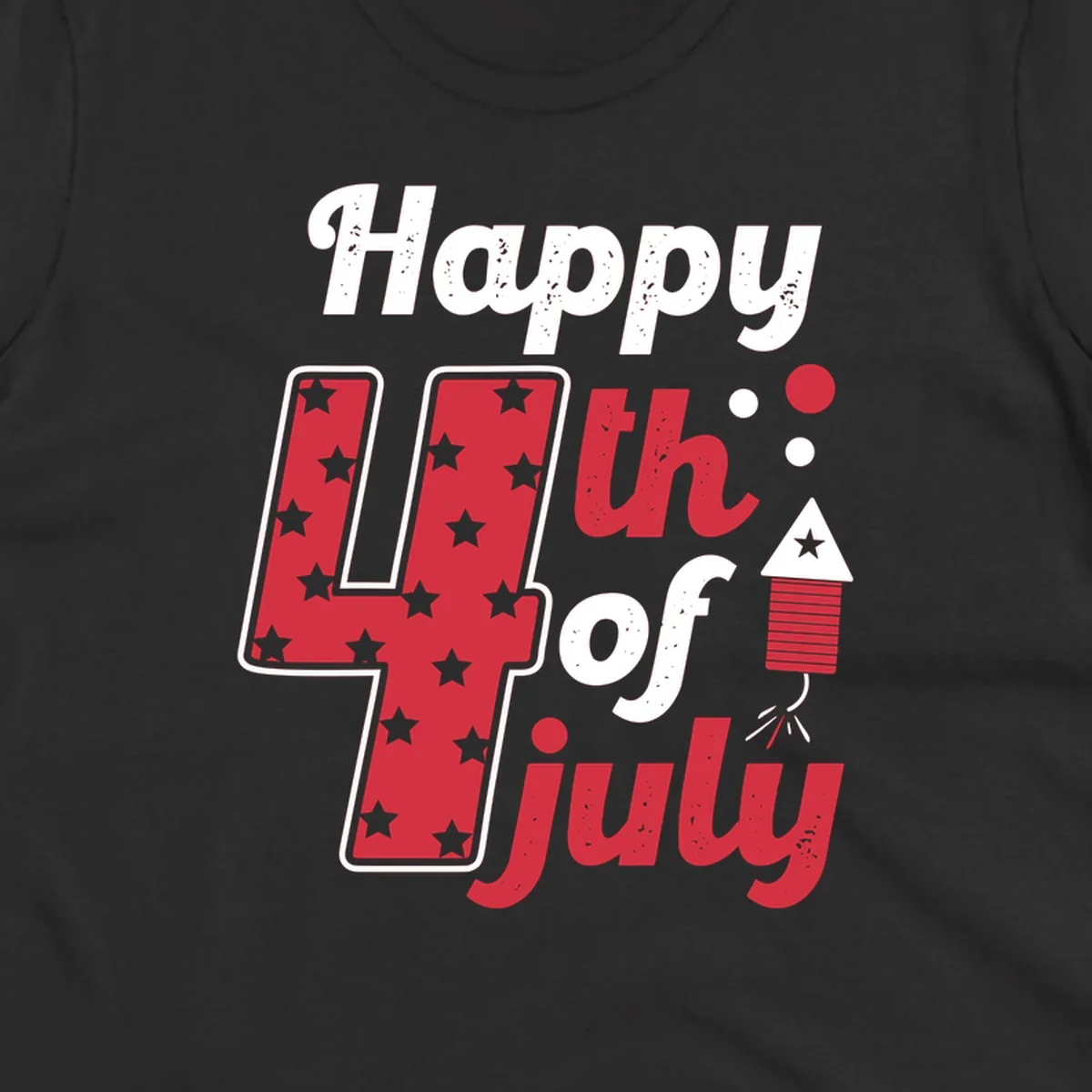 A Happy 4th of July firecracker design with the text 'Happy 4th Of July', a star-filled '4', and a firecracker graphic.