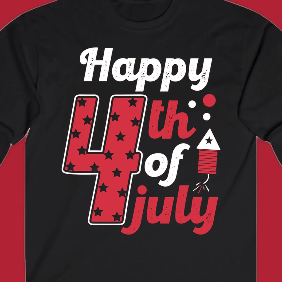 A Happy 4th of July firecracker design with the text 'Happy 4th Of July', a star-filled '4', and a firecracker graphic.