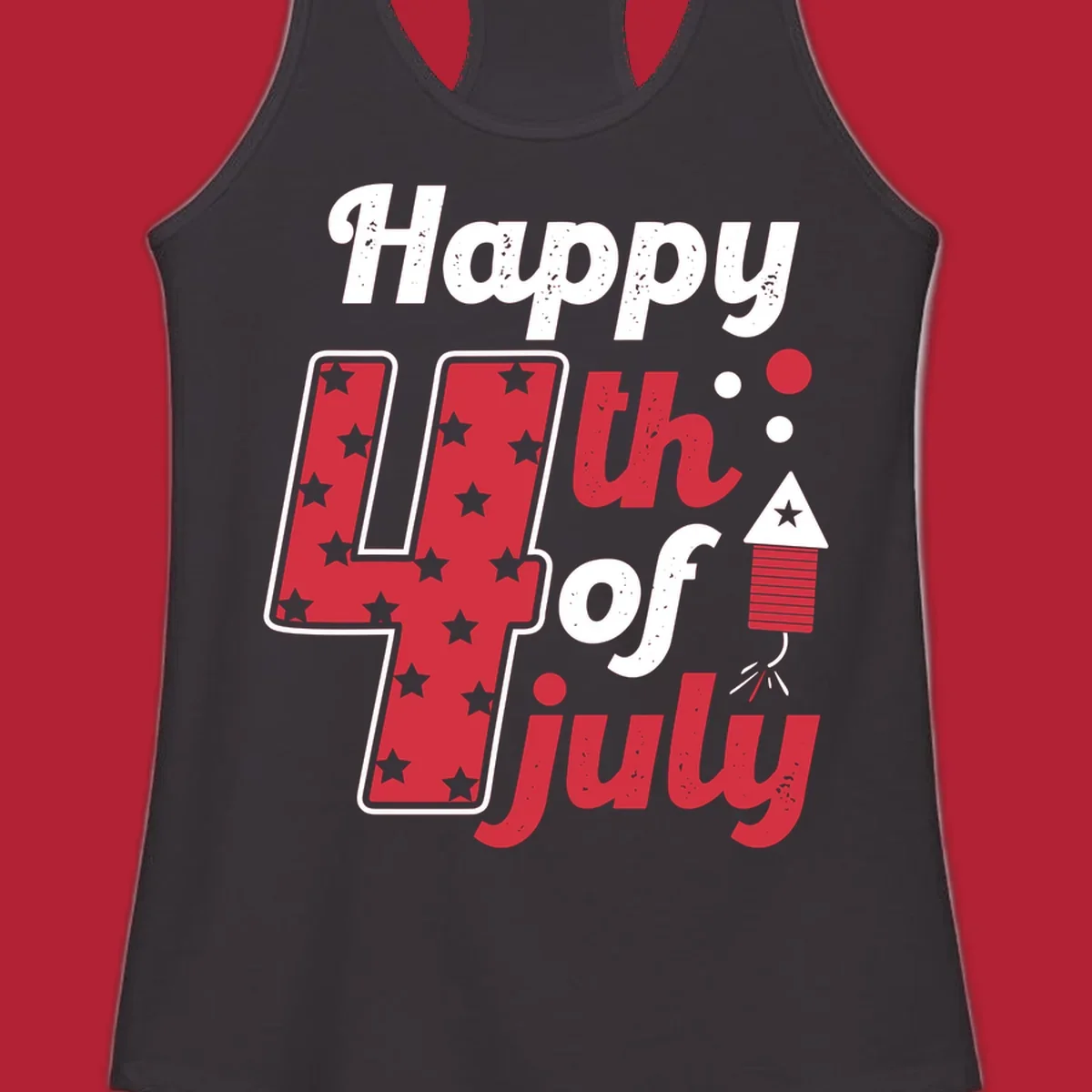 A Happy 4th of July firecracker design with the text 'Happy 4th Of July', a star-filled '4', and a firecracker graphic.