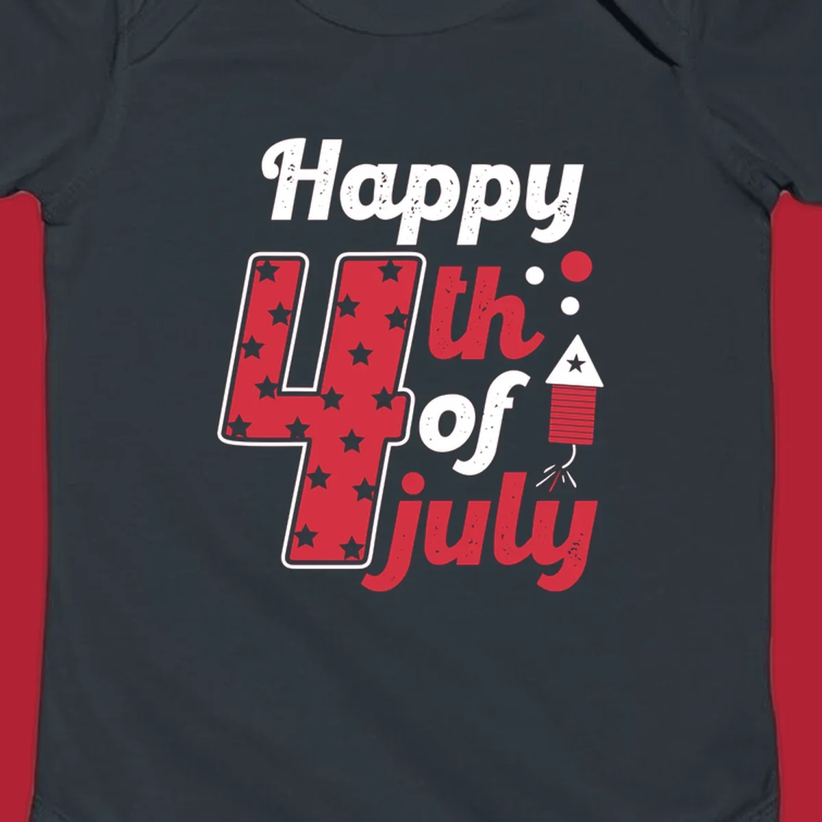 A Happy 4th of July firecracker design with the text 'Happy 4th Of July', a star-filled '4', and a firecracker graphic.