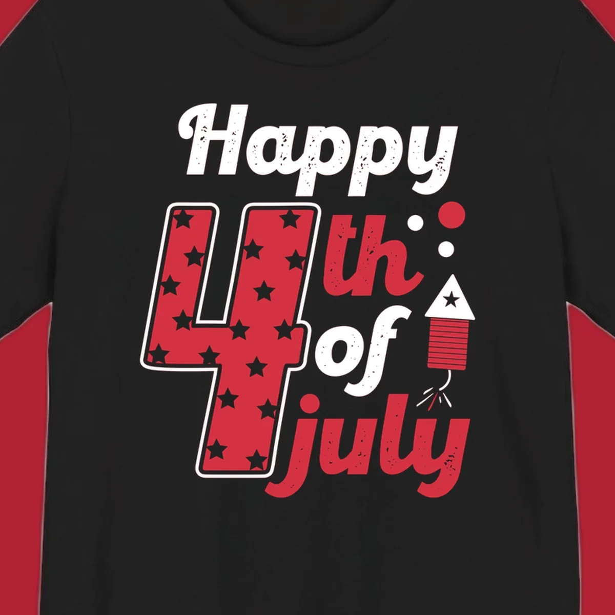 A Happy 4th of July firecracker design with the text 'Happy 4th Of July', a star-filled '4', and a firecracker graphic.
